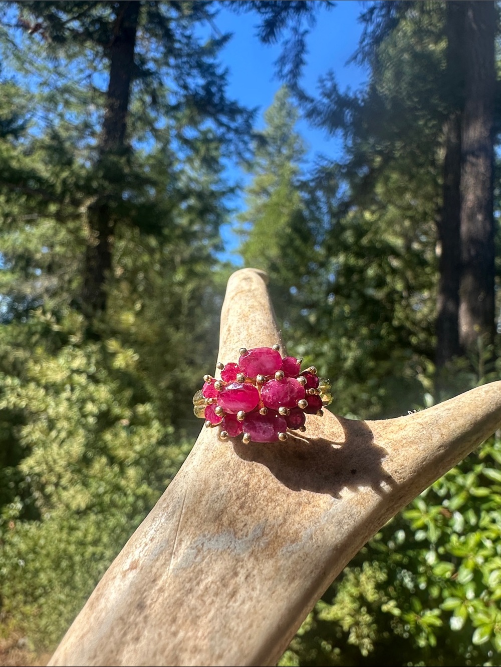 Gold Ring with Pink Ruby Cluster - authentic rubies, fake gold